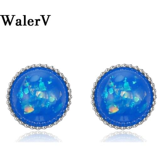 WalerV 2018 Imitation Blue Opal Stone Stud Earring for Women Set Fashion Charm Jewelry Wedding Silver Color Earrings Gifts