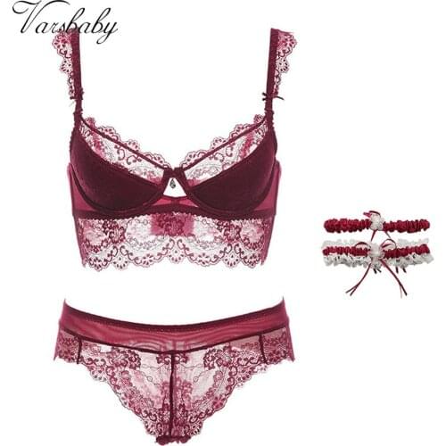 Varsbaby 3Pcs Sexy Lace Padded Bra Push Up Women Bra Bowknot Leg Loop Wedding Garters Bra+Panty+Leg Ring Lingerie Sets