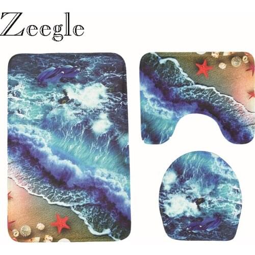 Zeegle 3Pcs Bath Mat Bathroom Carpet Bathroom Rug Non-slip Shower Floor Mat Toilet Cover Floor Rugs Seaside Style Mats