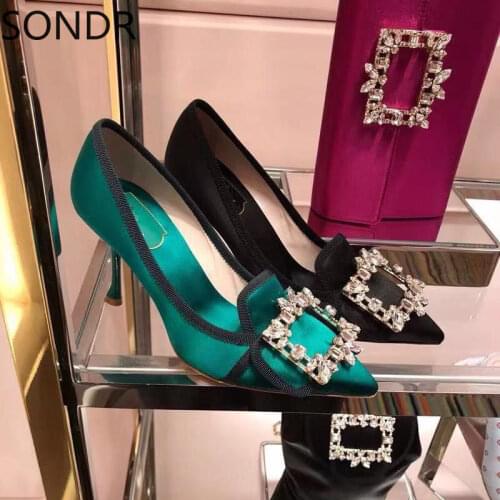 Womens Silk Real Leather Rhinestones Crystal Buckle Pointed Toe Stilettos High Heel Pumps Sexy Retro Shoes 2Colors New Arrival