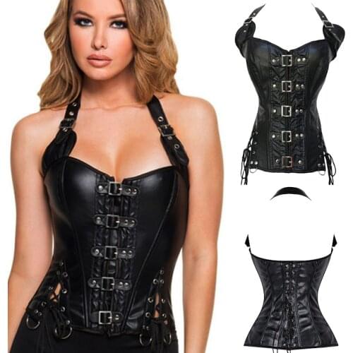 Womens Steampunk Gothic Steel Boned Leather Corset Bustier Waist Trainer Corset Bustier Waist Cincher Body Shaper corselet