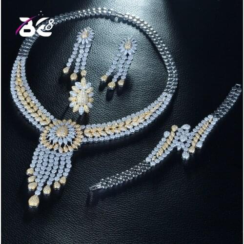 Be 8 New Tassel Drop Women Wedding Jewelry Sets Cubic Zirconia 2 Tones Saudi Arabia Statement Necklace 4pcs Set for Women S273
