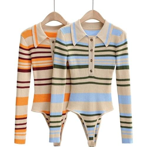 Autumn Winter One Piece Jumpsuit Women Knitted Turn-down Collar Long Sleeve Striped Bodysuit Bodycon Jumpsui