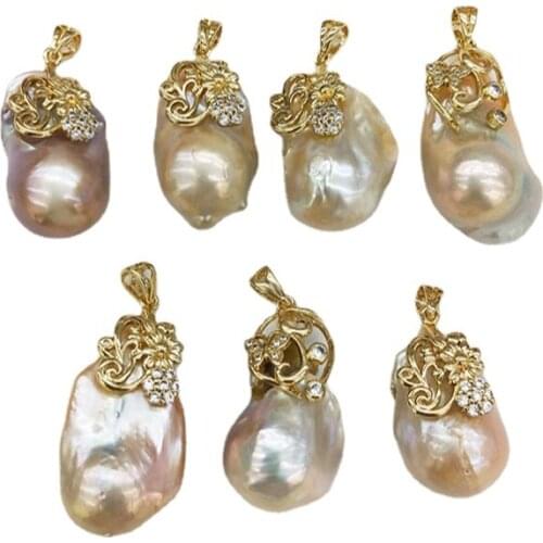 Baroque Pearl pendant Large Fireball Pearl Necklace pendants Large Baroque pearl pendant with cubic zirconia paved gold Baroque