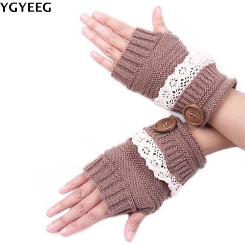 YGYEEG Winter Warmer Wrist Hand Gloves Button Lace Mitten Knitted Fingerless Gloves Women Winter Soft Warm Mittens Fashion Glove