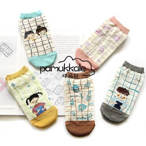 1Pair/lot Lovely Summer Spring Style Casual Cotton Socks Cartoon Plaid Creative Boat Socks For Women Girls Slippers Ankle Meias