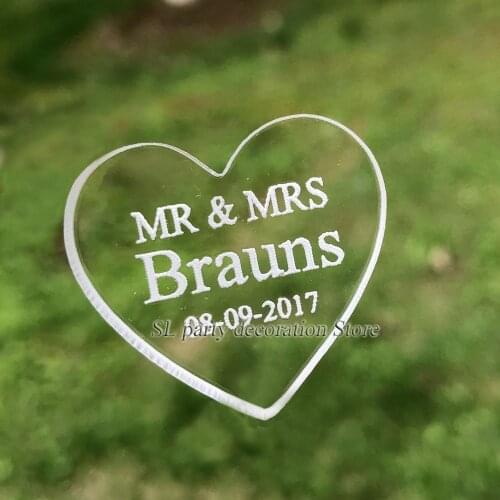 50/100pcs 3cm x 3cm Personalized Engraved MR & MRS Clear Acrylic Love Heart Wedding Favors Table Decorations 4.5mm thicker