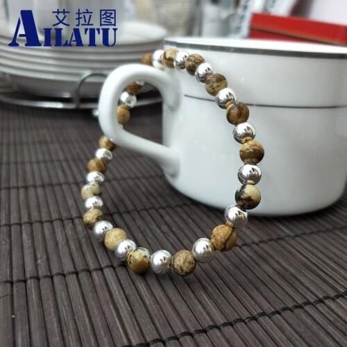 Ailatu Natural Map Stone Beads Bracelet Yoga Jewelry Elasticity Rope Men Charms Bracelets Bangle