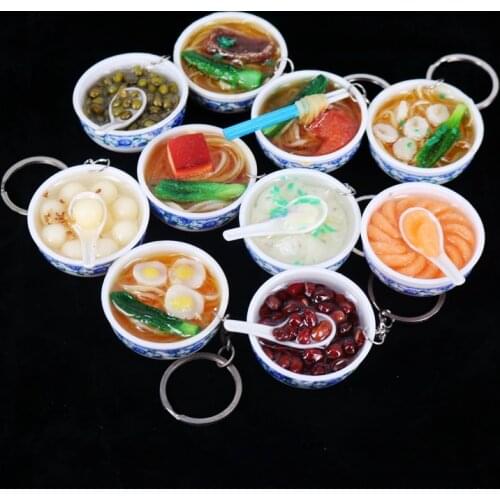 New Simulation Food Key Chains noodle Creative Bowl Keychain Chinese Blue and white porcelain Food Bowl Mini bag pendant