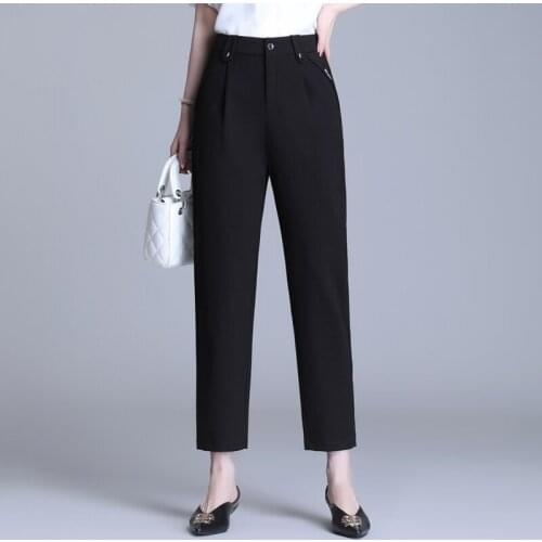 OUMENGKA Vintage Zipper Black Trousers Women High Waist Office Pants Ladies Spring Autumn Trousers Work Wear Ankle-Length Pants