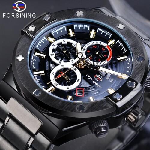Forsining Black Men Mechanical Watches Automatic Race Car Date Multifunction 3 Sub Dial Luminous Hand Stainless Steel Band Clock