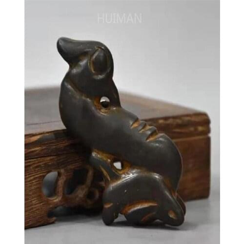 Home Decoration Hongshan Culture Archaize Black Iron Meteorite Sculpture Dragon Head Phoenix Tail Statue Handicraft