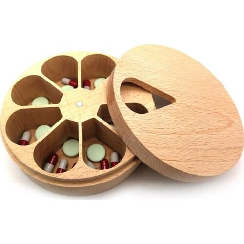 Wooden Pill Case Storage Compartment Weekly Medicine Tablet Dispenser Splitters 7-Day Pill Box Kitchen Spice Containers