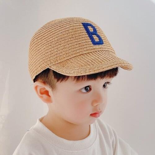 Spring Summer Children Baby Straw Plaited Visor Hat for Boys Girls Letter "B" Outdoor Beach Sunhats Peaked Hat Cap for Kids 1-3Y