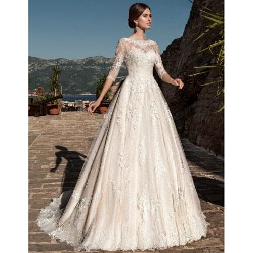 Elegant A Line Wedding Dress 2021 Lace Princess Beading Appliques Button Bridal Muslim Bride Gowns Vestido De Noiva