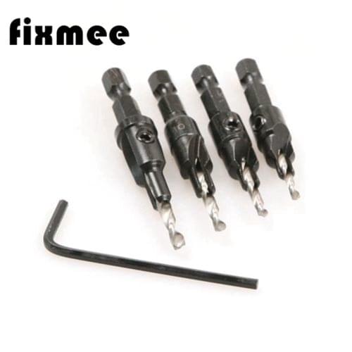 Fixmee 4x Countersink HSS Taper #6 #8 #10 #12 Drill 4241 Bits 1/4 Hex Shank Sets + Key