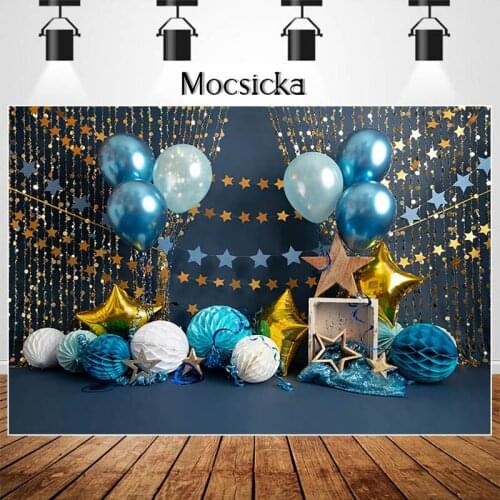 Newborn Children Birthday Cake Smash Background Golden Glitter Stars Kids Portrait Backdrop Blue Balloons Studio Photography