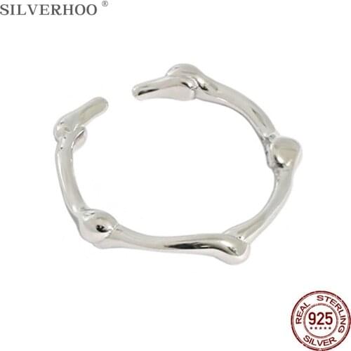 SILVERHOO Dark Phoenix Rings For Women S925 Sterling Silver Bamboo Like Shape Rings Minimalism Style Irregularty Fine Jewelry