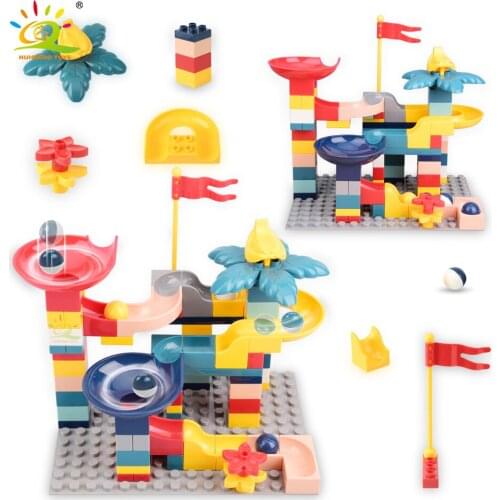 HUIQIBAO 85pcs Marble Race Run Maze Balls Building Blocks Duploed Funnel Slide Big Large Size Bricks Educational Baby Toys