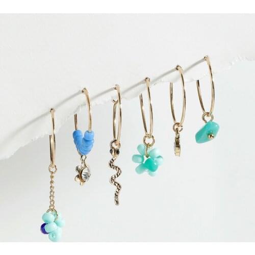 Seed Beads Flower Small Pendant Asymmetrical Hoop Earring Set For Women Multiple Pierced Earrings