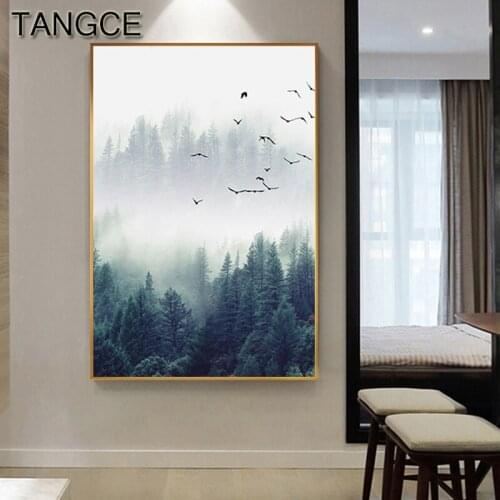 Beautiful Foggy Forest Bird In Sky Canvas Painting Wall Art Picture for Living Room Study Decor Nordic Landscape Print n Poster