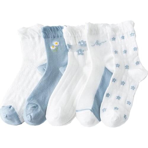 Socks Women Summer Thin Japanese Harajuku Morandi Pure Cotton Daisy Blue White Ruffle Floral Cute Simplicity Breathable Soft