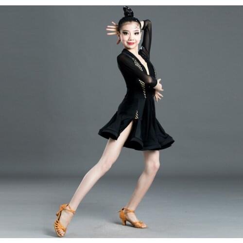 New Latin Dance Competition Dresses Black Long Sleeve Dress Dancing Ballroom Dress Kids Salsa/Ballroom/Tango Latino Dress SL247