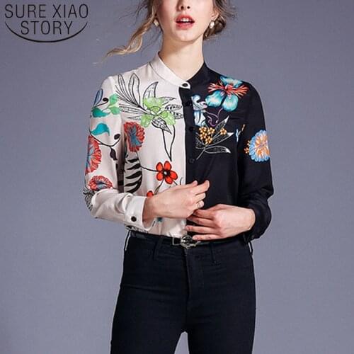 New Ladies Tops Long Sleeve Floral Women Blouses Casual Stand Collar Cardigan Print Shirts Women Clothes Blusas Mujer 8187 50
