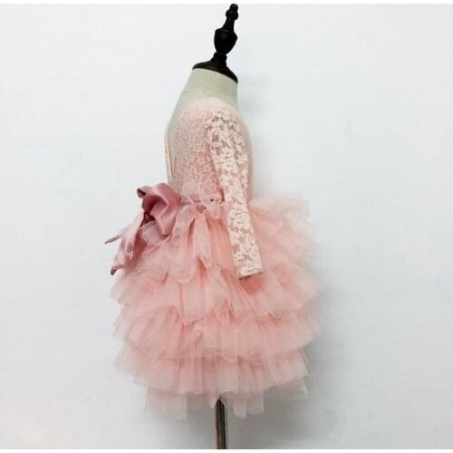 2017 Autumn Girls Lace Long Dresses Princess Kids Puffy Dress With Ribbons New Year Wedding Birthday Costume Wholesale