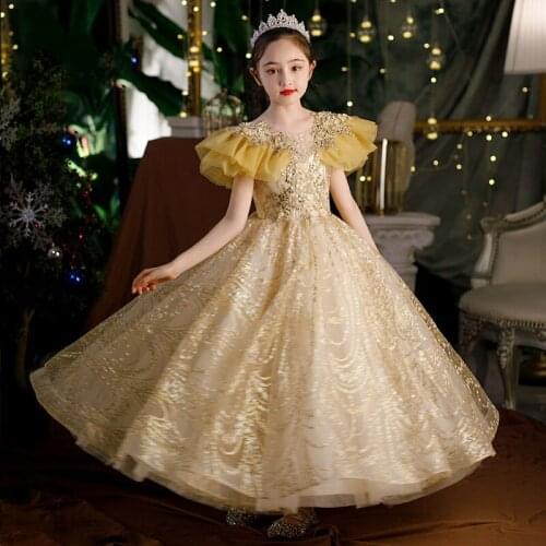 Fancy Girl Prom Dress Children Wedding Tulle Sequin Ball Gown Kids Birthday Embroidery Dresses Teenager Girls Evening Vestidos