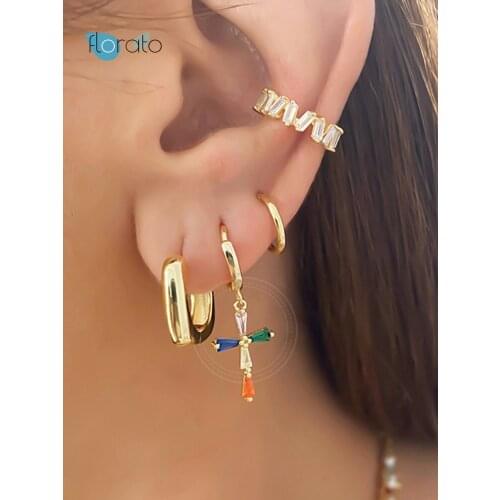 925 Sterling Silver Ear Buckle Rainbow Cross Zircon Hoop Earrings for Women Girl Engagement Wedding Pendant Jewelry Earring