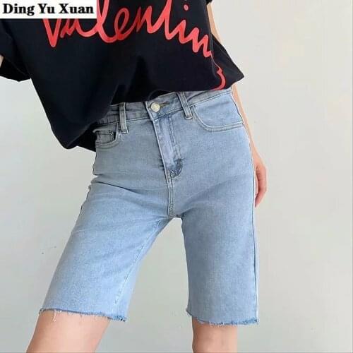 High Waist Slim Denim Shorts Women Tight Knee Length Stretch Short Jeans Pants Summer Streetwear Skinny Cycling Bermuda Pockets