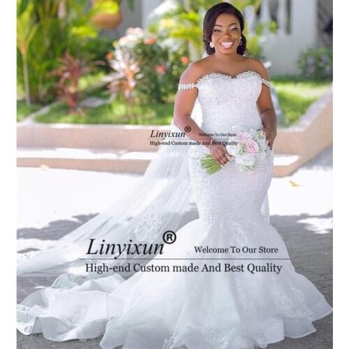 Vintage Mermaid Wedding Dresses 2021 With Appliques Crystal Lace Bridal Gowns Plus Size Africa Vestido De Novia Court Train