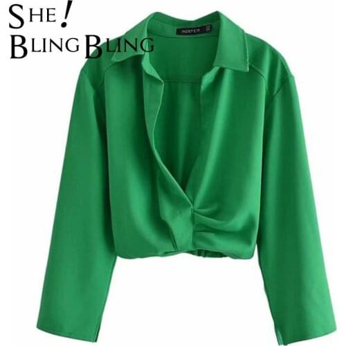 SheBlingBling Za 2021 Tra Women Casual Green Blouses Deep V Wrist Sleeve Ruched Draped Detail Slim Cropped Shirts Female Tops