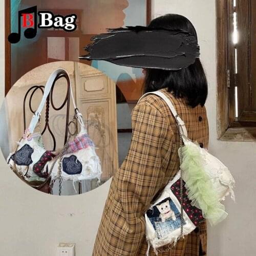 Womens Girl handmade denim splicing lace tassel canvas underarm bag crescent portable One Shoulder Messenger Bag female handbag