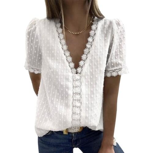 WomenS Fashion Casual Deep V Neck Flowy Chiffon Sleeves Solid Color Lace Decorative Top Swiss Polka Dot T-Shirt Spring Summer
