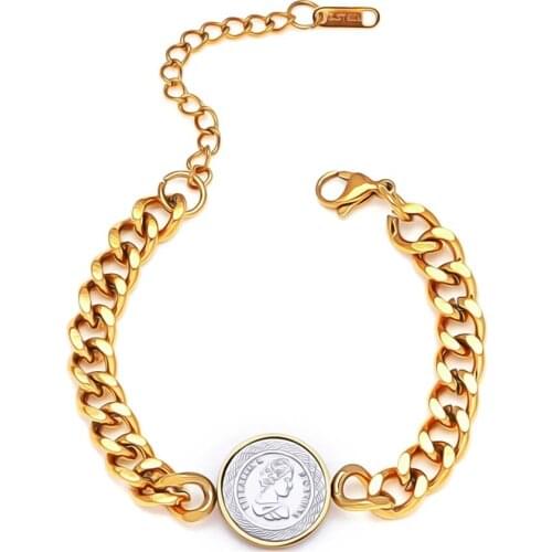 Metal Coin Bracelet For Women Stainless Steel Elizabeth Coin Medallion Charm Bracelets Femme Gold/Silver Color