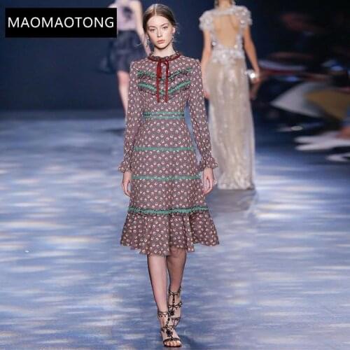 Womens Clothing Fashion Designer Dress Autumn Womens Dress Flare Sleeve Floral Print Patchwork Ruffles Lace Vintage Dresses