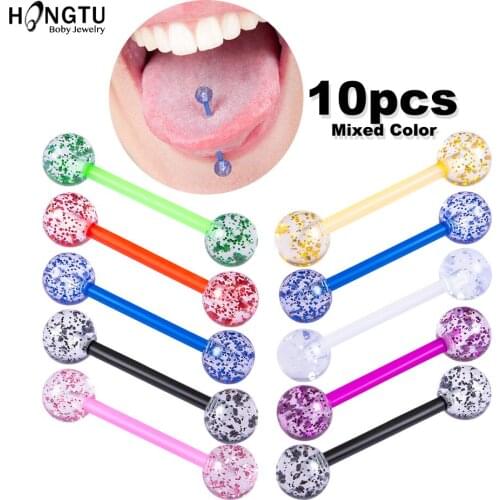 10pcs Flexble Acrylic UV Barbell Sexy Tongue Piercing Tongue Rings Flashing Powder Nipple Ring Ear Body Jewelry Party Gift 14G