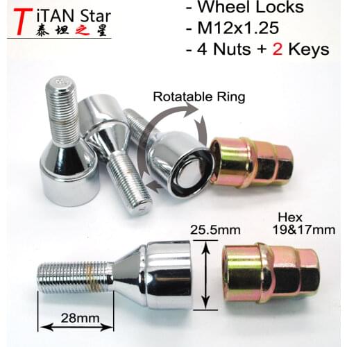 4Bolts 2Keys M12x1.25x28mm 1.25 Wheel Locks Bolts Silver Anti sheft Fit For Citroen c4 picasso Elysee c5 c6 c3-XR Fiat JEEP