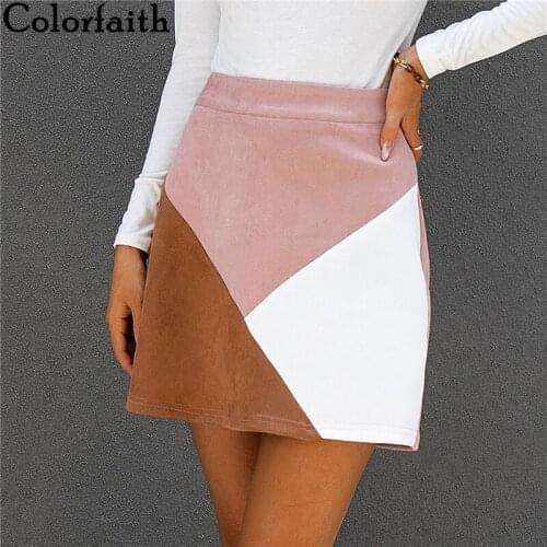 Colorfaith New 2021 Spring Autumn Women Skirt High Waist Sexy A-Line Skater Vintage Patchwork Package Hip Mini Skirt SK2101AB