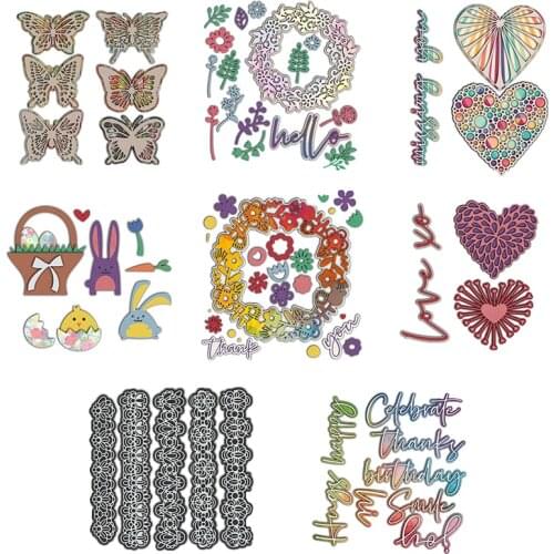 Colorful Flowers Butterflies Rabbits Hollow Love English Thin Font Lace Border Metal Cutting Dies DIY Scrapbooking 2021 NEW