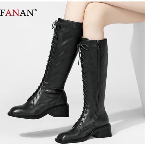 FANAN Black Lace Up Long Boots Square Chunky Heel Knee High Boots Autumn Womens Flat Soled Leather Shoes Booties Mujer 2020