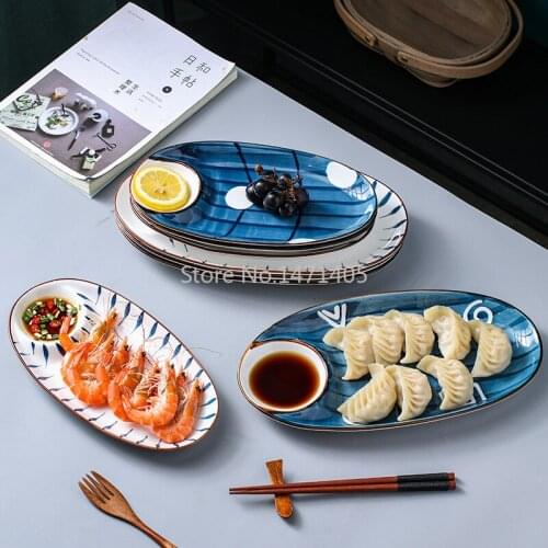 Japanese Style Ceramic Dumpling Plate Household Large Steamed Dumpling Tray Divided Plate Creative Plate with Vinegar Dish