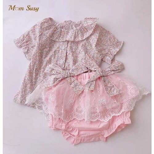 Baby Girl Cotton Clothes Set Floral Shirt+Lace Shorts 2PCS Summer Girl Princess Clothing Set Outfit Baby Clothes 0-4Y