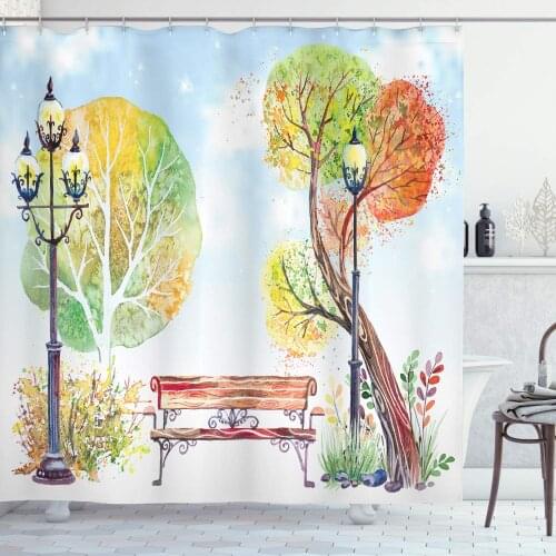 Colorful Fall Trees Wooden Bench in City Park with Blue Sky Autumn Season, Cloth Fabric Bathroom Decor Set with Hooks