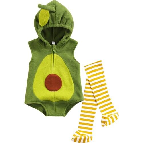 Citgeett Summer Lovely Infant Baby Girls Boys Bodysuit Clothes Avocado Printed Sleeveless Zipper Hooded Jumpsuits+Striped Sock
