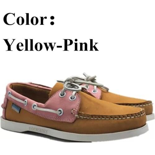 Men Genuine Nubuck Leather Docksides Casual Boat Shoes,Brand Designer Flat Loafers For Homme Femme Yellow Pink Color X131