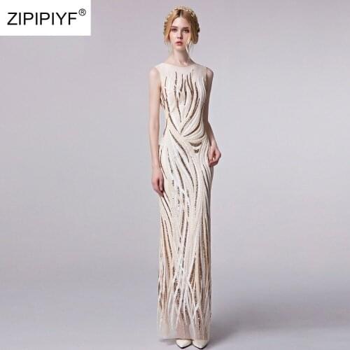 New Arrival Elegant Sequined Dress Women Apricot Bodycon Dress Sleeveless Lady Evening Party Sequin Maxi Dress Vestidos AB144
