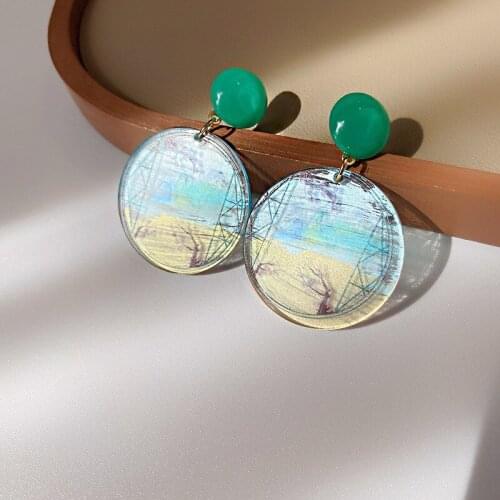 Creative Chinese Style Printed Acrylic Drop Earrings for Women Girls Sweet Simple Fashion Earrings Party Jewelry 2021 New
